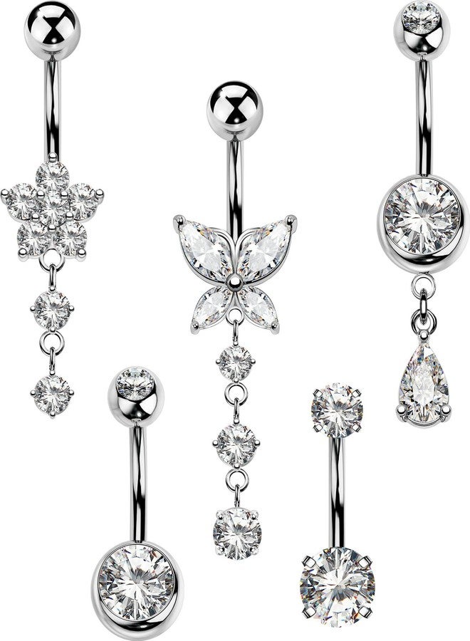 MS CUTE 5PCS Silver Belly Button Rings for Women 14G Dangle Navel Piercing Jewelry Set Surgical Stainless Steel Body Jewelry with CZ Butterfly Flower Teardrop Barbell for Beach Festival Gym - Image 1